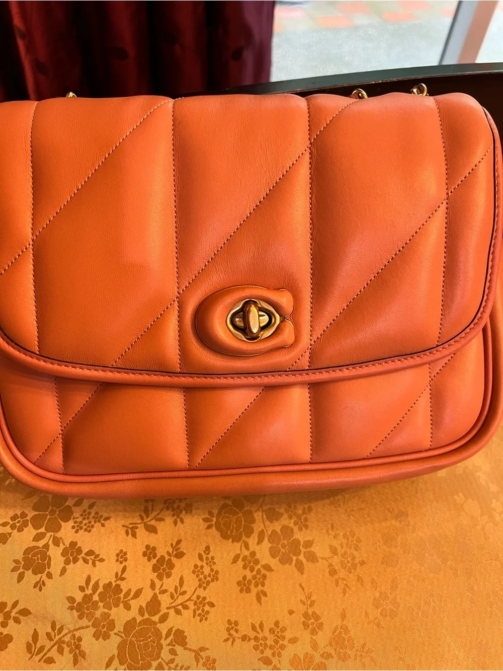 Coach Quilted Leather Shoulder Bag in Coral Orange with Gold Chain